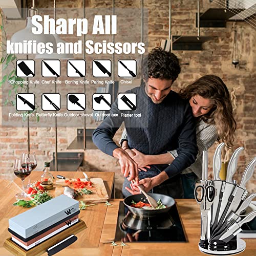 Knife Sharpening Stone Kit – 400/1000 3000/8000 Grit Wet Kitchen Whetstone Knife Sharpener Set with Non-slip Bamboo Rubber Base, Angle Guide, Flattening, Leather Strop and Cut Resistant Gloves 12 in 1