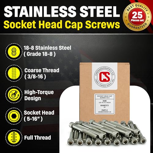 Chenango Supply Stainless 3/8-16 x 3 Socket Head Cap Screws – 18-8 Grade, Full Thread, Hex Drive 5/16, Coarse Thread, High-Torque Socket Head Cap Screws, 25 Pieces (3/8-16 x 3)