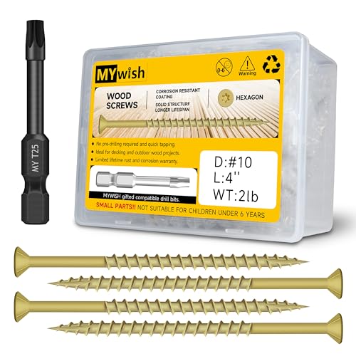 Mywish (6Sets) 1/2" x 4" Hex Head Lag Bolts & 97Pcs Wood Screws #10 x 4 2lb Box, Long Trailer Deck Screws 4 inch, T25 Torx Drive Head, Heavy Duty Lag Screws with Washers, Lag Screws Wood Screws