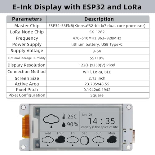 2.13 Inch LoRa E-Ink Display Module, ESP32-S3 USB C with SX-1262 LoRa ESP32 Support WiFi BLE Meshtastick for Arduino (with Acrylic Shell + Antenna)