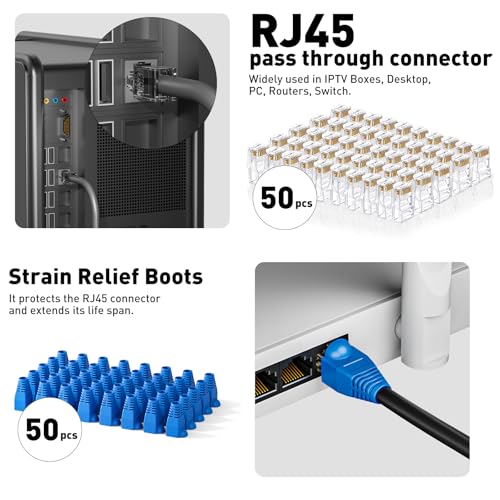 Ethernet crimping tool kit RJ45 crimp tool, Cat5 Cat6 Pass Through Crimping Tool for Network Cable Tester, Multiply Stripper, 50PCS Cat 6 Pass Through Connectors and Strain Relief Boots 10 IN 1 Set