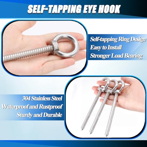 OHIYO Heavy Duty M10 Hanging Bundle: 4 Self-Tapping Eye Hooks (6.3inch) + 2 Pad & 2 Snap Hooks for Hammock, Swing, Yoga, Indoor/Outdoor