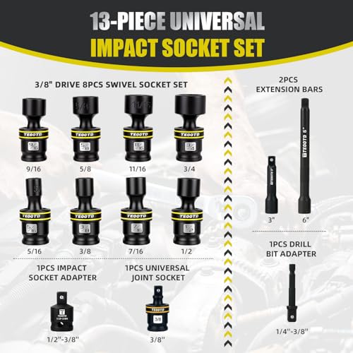 13 PCS 3/8-Inch Drive Swivel Socket Set, SAE Universal Impact Socket Set, 6-Point, 5/16"-3/4", CR-MO Flexible Wobble Sockets,with 3" 6" Extension Bars and Adapter 13 PCS 3/8" SAE Swivel Socket