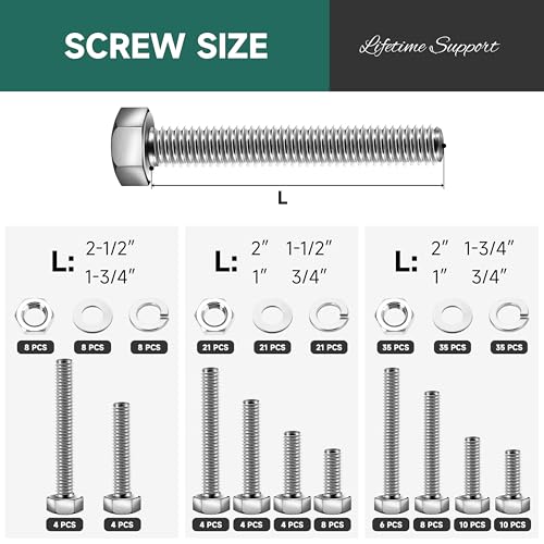 254 Pack Nuts and Bolts Assortment Kit 1/4-20, 5/16-18, 3/8-16 SAE Hex Head, Stainless Steel 304, Bolt Kit with Assorted Screws Nuts and Bolts, Flat & Spring Lock Washers Silver 254-Pack SAE Kit