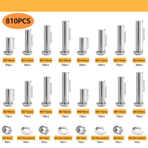 810 Pieces M3 M4 M5 M6 304 Stainless Steel Phillips Pan Head Machine Screws Bolts with Nuts, Washers and 1 Pcs Hex Key Wrenches i Pcs Tweezers Assortment Kit
