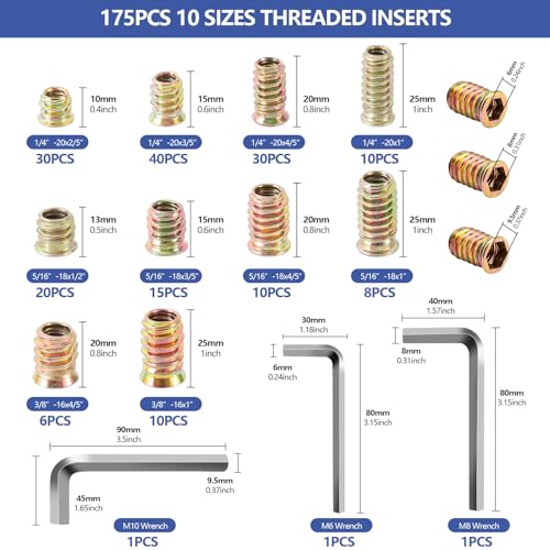 178Pcs Threaded Inserts for Wood,1/4"-20, 5/16"-18, 3/8"-16 10 Sizes Carbon Steel Inserts Kit,Hex Socket Threaded Screw Assortment with 3PCS Hex Wrench for Furniture 178Pcs Imperial Nuts