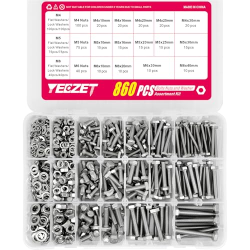 860pcs 304 Stainless Steel Metric Bolt Assortment Kit,M4 M5 M6 Bolts and Nuts Washers Assortment Set,14 Most Common Sizes M4 M5 M6 Bolts and Nuts Kit (SS304 860PCS)