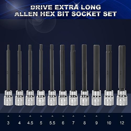 Reniteco 19-Piece 3/8 Inch Drive Extra Long Allen Hex Bit Socket Set, Standard SAE (1/8" - 3/8") & Metric(3mm-12mm)