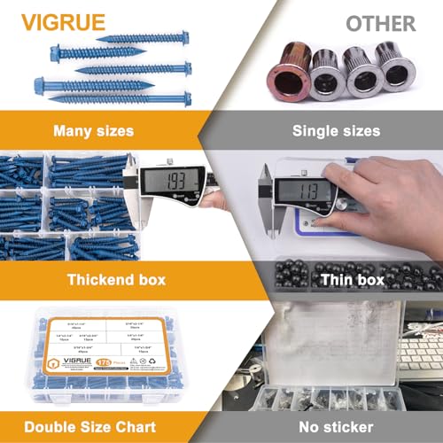 VIGRUE 175PCS Concrete Screws Assortment Kit 1/4" x 1-1/4" to 2-1/4" and 3/16" x 1-1/4" to 2-3/4" 175PCS Hex Head Cement Screws Set Diamond Point for Anchoring to Masonry, Block or Brick Slotted Hex