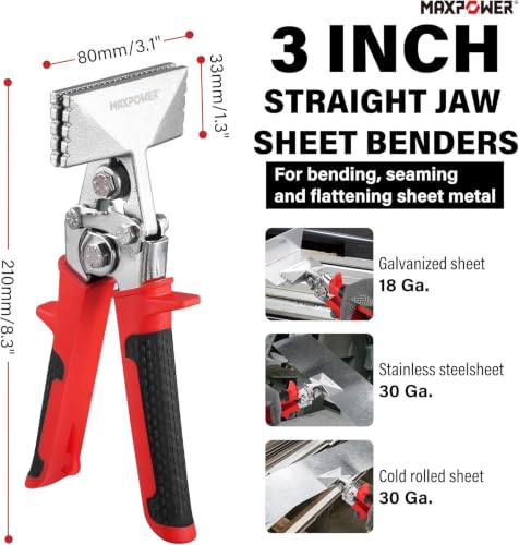 MAXPOWER Sheet Metal Hand Seamers, 5 Blades Pipe Crimper and 3-inch Straight Jaw Sheet Metal Bender with Ergonomic Soft Grip Handle 3" straight + pipe crimper