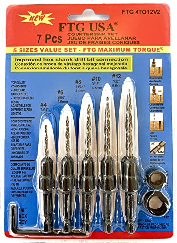 FTG USA Wood Countersink Drill Bit Set 5 Sizes Set Countersink #4, 6, 8, 10, 12 Tapered Drill Bits with Hex Shank Countersink bit, 2 Stop Collar, 1 Allen Wrench, 6 Storage Containers