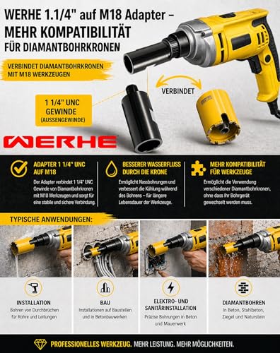 Werhe Adapter 1 1/4 UNC to M18 Sleeve, Steel Connector for Core Drilling Tools | For Can Drills, Without Coolant Hole, with Key Tabs, Steel, Length 5 cm, for Concrete and Stone
