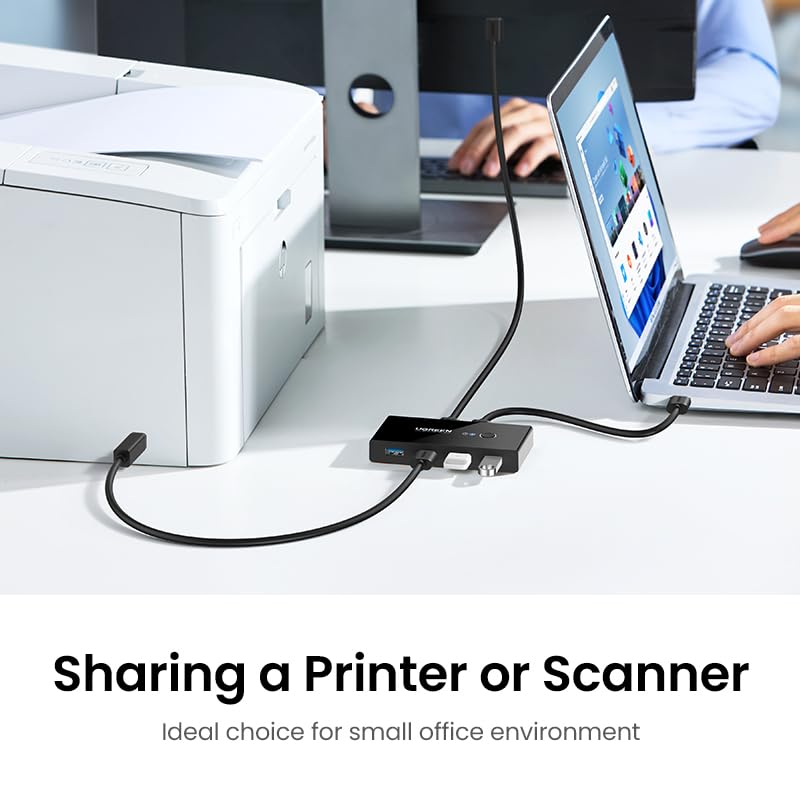 UGREEN USB Switch Selector 2 Computers Sharing 4 USB Devices USB 2.0 Peripheral Switcher Box Hub for Mouse Keyboard Scanner Printer PCs with One-Button Swapping and 2 Pack USB A to A Cable