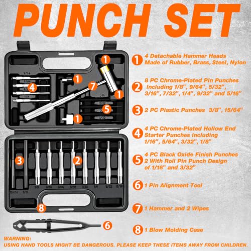 BESTNULE 25pc Punch Set and Hammer, Roll Pin Punch Set with Bench Block 25-piece set