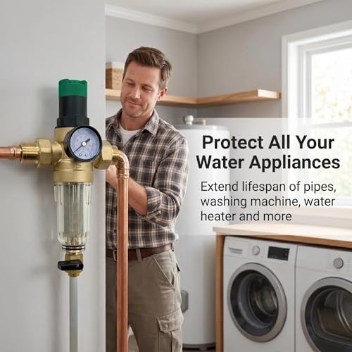 Whole House Spin Down Sediment Filter with Manual Pressure Regulator - Reusable 50 Micron SS Filter screen, BPA-Free Brass Body, Built-in- Gauge, 3/4"NPT（DN20）Ports, Easy Flush Pre-filter