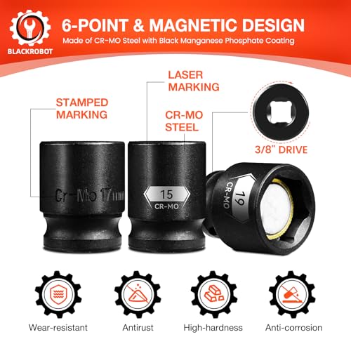 BLACKROBOT 3/8" Drive Magnetic Impact Socket Set, 13-Piece Shallow Socket Set with Storage Rail, Metric Size 7mm-19mm, 6 Point Magnetic Sockets, Cr-Mo Steel 3/8" Dr Metric 13P