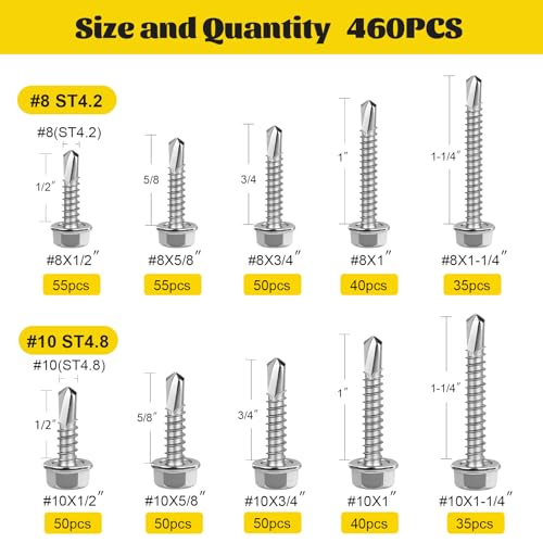460Pcs #8#10 Hex Washer Head Self Tapping Sheet Metal Screws Kit 460pcs #8#10 Silver