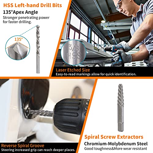 Screw Extractor Set, 37# Cr-Mo & 6542 HSS Steel Cobalt Left-Hand Drill Bit, Easy Out Broken Bolt Remover Reverse, Ez Out Stripped, Rounded-Off, Damaged Bolts, Screws&Studs Removal Tool (31-Pieces) 31-Pieces