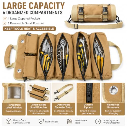 Tool Roll Organizer, Roll Up Tool Bag for Mechanics, Shoulder Strap