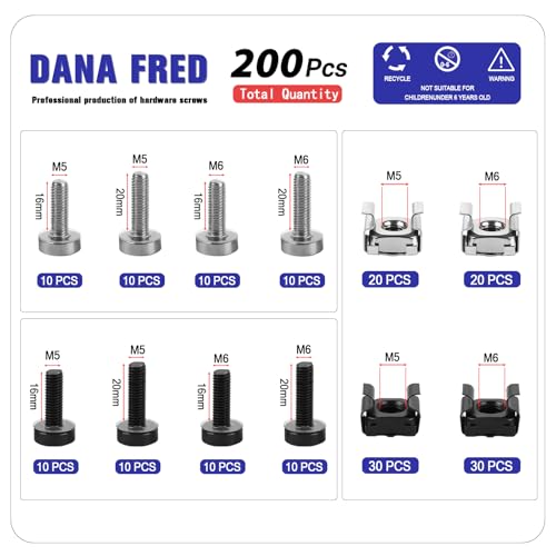 200pcs M6 Rack Screws Cage Nuts Kit,Cage Nut Mounting Screw Bolt Metric Square Hole Hardware for Rack Mount Server Shelves Cabinets Assortment Kit 304 Stainless Steel Black M5X16 M5X20 M6X16 M6X20