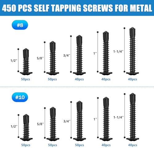 450PCS Self Tapping Screws for Metal,410 Stainless Steel Truss Head High-Strength Quick Tapping with Phillips, Lengths 1/2“ to 1-1/4",#8#10 Black Truss Head Sheet Metal Self Drilling Screws Black-451PCS