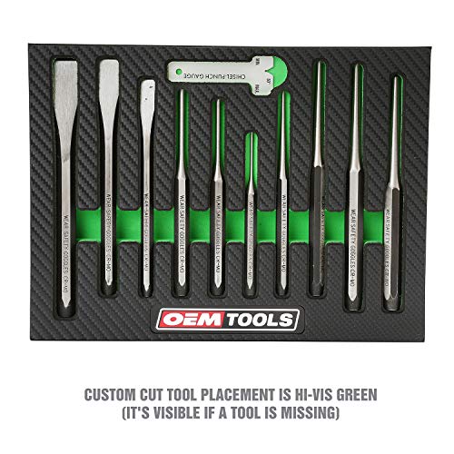 OEMTOOLS 23996 Punch and Chisel Set, 11 Piece, Cut, Shape, and Puncture Medium and Soft Metals, Heat-Treated Alloy Steel, Includes Green EVA Organizer Tray