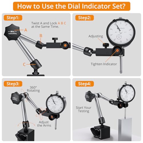 Neoteck Dial Indicator 0-1in/0.001in with 132lbs/60kg Magnetic Base Mini-132lbs/60kg Tensile Force Silver