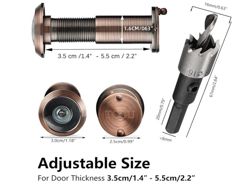 TOGU 5PCS of 220-degree Solid Brass Peep Holes for Door with 16mm Drill Bit, 0.63 inch Door Peephole with Privacy, Compatible with Door Thick from 1-3/8" to 2-1/6", Antique Copper Finish 5 PACK + Drill
