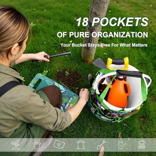 KUNN 5 Gallon Garden Bucket Tool Organizer & Kneeling Pad Set, Green Green Leaf