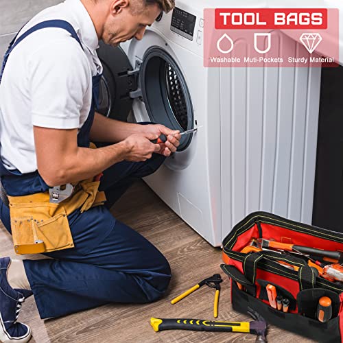 4 Pieces Tool Bag with Waterproof Strong Molded Base Multi Pockets Wide Mouth Tool Tote Multifunctional Large Capacity Organizer Heavy Duty Tools Storage Bag for Men Carpenter Electrician 13 Inch Multicolor