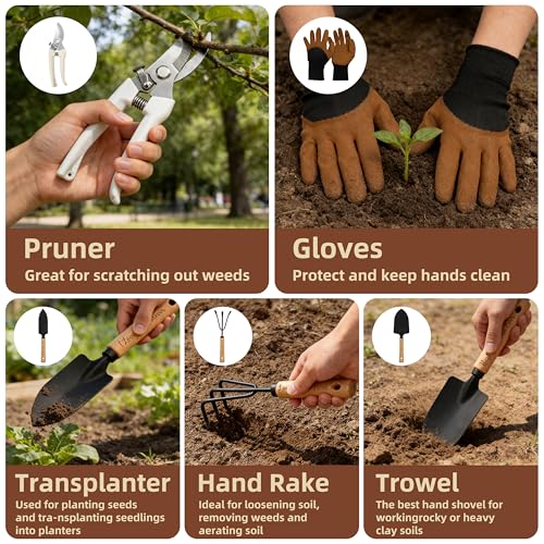 Grandma Gifts, Mothers Day Garden Kit Gifts for Grandma from Grandkids Gardening Tools and Durable Garden Tools Organizer Tote, Ideal Gardening Set for Women on Plant Lover Birthday Present Brown