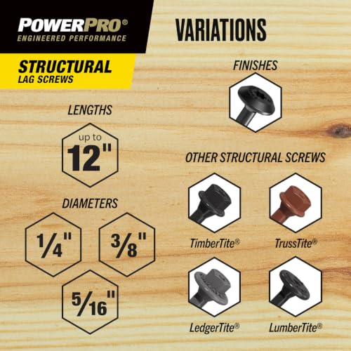 Power Pro Structural Lag Screws, 1/4in x 1-1/2in, 250 Pieces, Bronze 1/4 inch x 1-1/2 inch 250pc