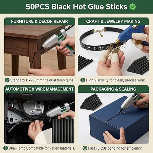 50Pcs Black Hot Glue Sticks Full Size for DIY Art Craft, 0.43” Diax8” Long Full-size | 0.43" Dia. X 8" Long