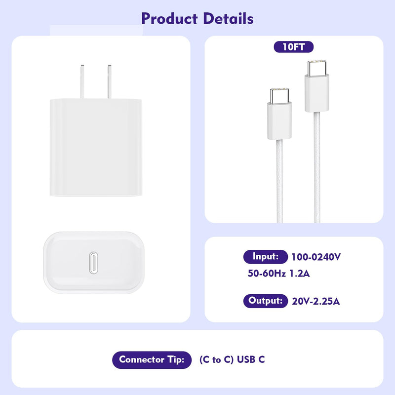 [3 Pack]Long 10FT iPhone 16 15 Charger 20W Fast Wall Charger Block,10Foot USB C to C Braided Woven Cable Fast Charging for iPhone 16/16 Pro/16 Pro Max/16 Plus/iPhone 15/15 Pro/15 Pro Max/iPad 12.9 Pro