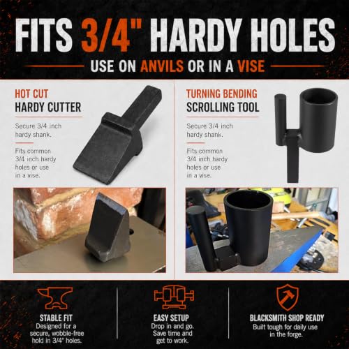 Blacksmith Anvil Hardy Tool Set, 3/4 Inch Hardy Shank Hot Cut Cutter and Turning Bending Scrolling Tool, Forge Tool Kit for Cutting Hot Steel, Making S Hooks, Scroll Work, Twisting and Metal Bending