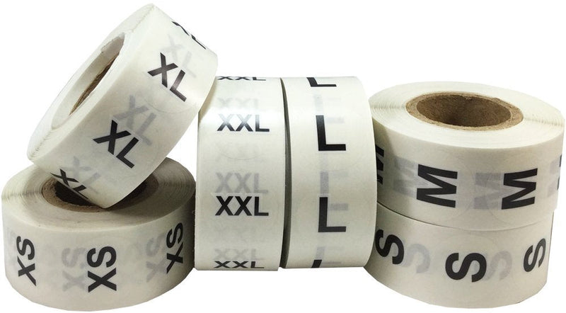 XS S M L XL XXL Clothing Labels Round Circle Stickers For Retail Apparel Bulk Pack 3/4 Inch 500 Per Size 3,000 Total Stickers