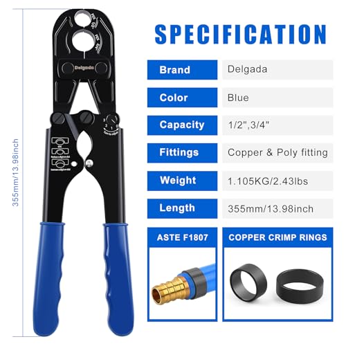 Delgada PEX Crimping Tool 1/2" & 3/4" Combo PEX Crimper Kit for Crimping Copper Rings with Go/No-Go Gauge ASTM F1807 Standard Compliant DL-1824