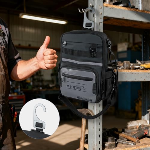 MELOTOUGH Small Tool Backpack for Men 30 Multi-Storage Pockets Heavy Duty Tool Bag Backpack with Dual-Form Shoulder Strap for Electrician, HVAC, Technician - Water Resistant (Grey) Grey