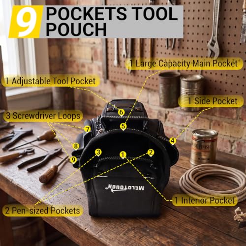 MELOTOUGH Professional Small Electrician Tool Pouch for Tool Belt Pockets with Belt Clip，9-Pocket Heavy-Duty Electrician Tool Pouch with Belt Clip (Black)