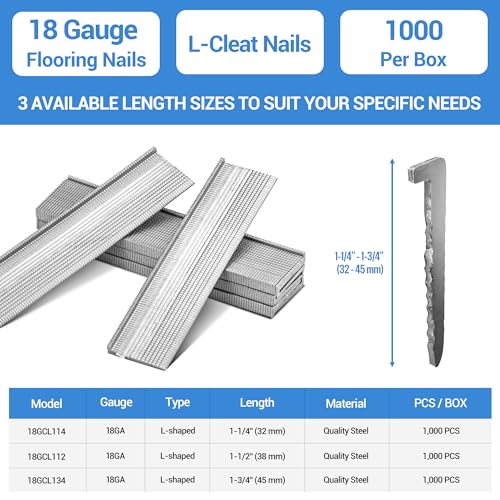meite 18 Gauge Flooring Nails, 1-3/4 Inch 18GA L-Cleat Nails Hardwood Flooring Nails for Hardwood Installation, Compatible with 18GA Flooring Nailers (1000 Counts) (Pack of 2) 1-3/4 Inch (Pack of 2)