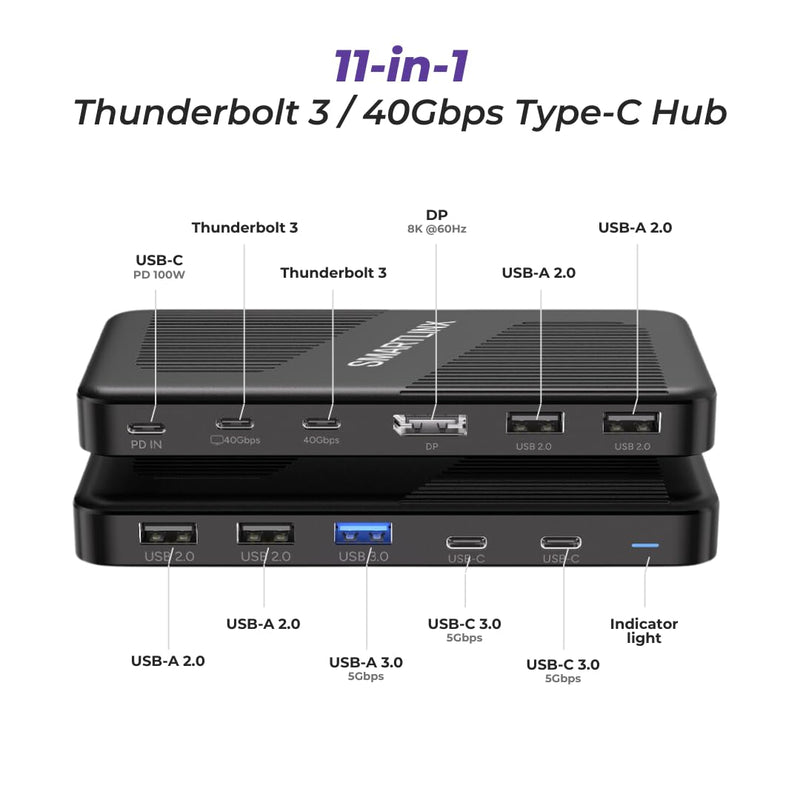 Thunderbolt 4 Dock Dual Monitor USB-C - 11 Ports 40Gbps Docking Station, PD 100W, 60W Charging - 8K/4K Displays Compatible with Windows 10/11, Mac OS 10.2 & Above, Dell, HP, Lenovo Laptop