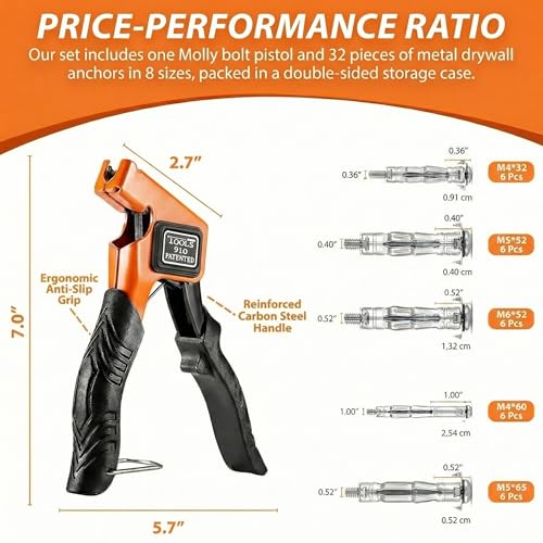 Molly Bolts for Plaster Walls and Drywall, Heavy-Duty 30 PCS Hollow Wall Anchor Set with Setting Tool, 5 Sizes for Secure Installation on Drywall Holding 65 Lbs, Easy to Use Fasteners, Orange