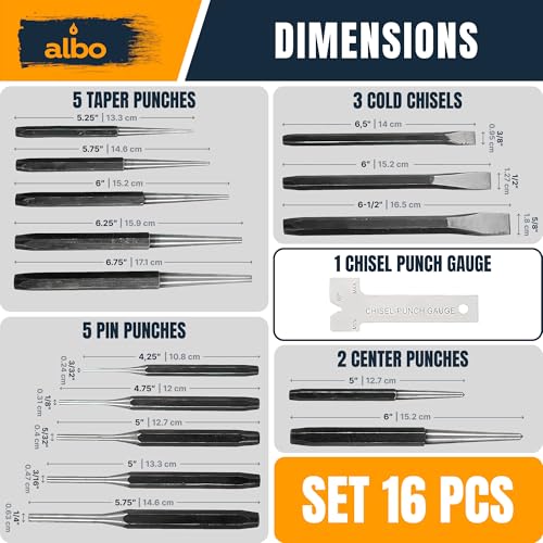 ALBO Punch and Chisel Set 16 PCS – Chrome Vanadium Steel Punch Set with Pin Punches, Center Punch & Chisels, Multi-Size Tool Kit with Storage Pouch for Automotive, Metal & DIY Projects Set 16pcs (Blue)