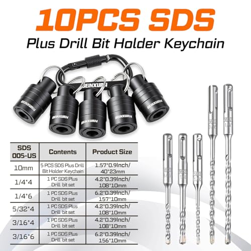 Geinxurn 10Pcs SDS Shank Bit Holder Keychain Set, Heavy Duty Quick Release Drill Bit Storage Organizer with SDS Plus Rotary Hammer Drill Bits Set for Electricians, Construction Worker 10