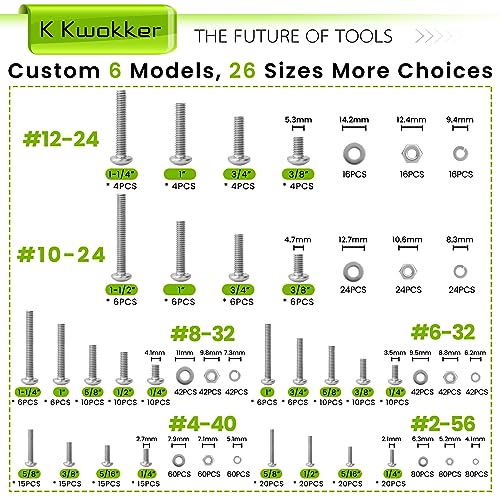1059Pcs Nuts and Bolts Assortment Kit Phillips Pan Head #2-56#4-40#6-32#8-32#10-24#12-24 Machine Screws, K Kwokker 26 Sizes 304 Stainless Steel Screws Nut and Bolt Assortment with Screw Organizer A. #2-56 - #12-24