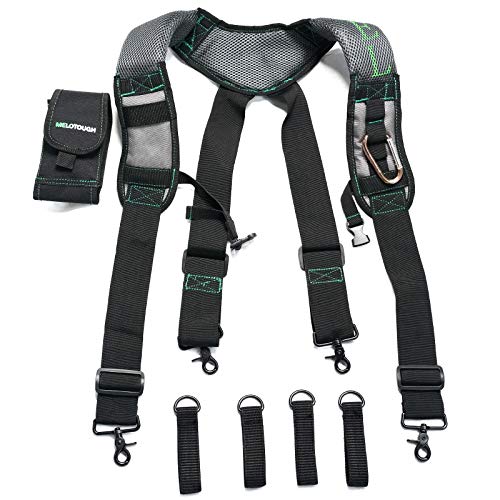MELOTOUGH 1 PACK Padded Tool Belt with D ring and Strong Durable Double Metal Roller Buckle,Adjustable waist + 1 PACK Magnetic Suspenders Tool Belt Suspenders with Large Moveable Phone Holder