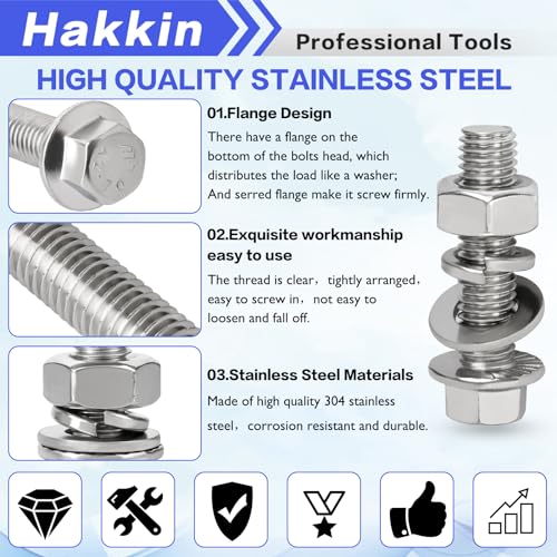 Hakkin 248Pcs Flanged Hex Bolts M6 M8 M10 Metric Bolt Assortment, Flange Hex Bolts and Nuts Kit M6 Bolt M8 x 1.25 M10-1.5 Stainless Steel Hex Head Screws Nuts Washers Assortment Kit A M6 M8 M10 Flanged Hex Head Silver (248pcs)