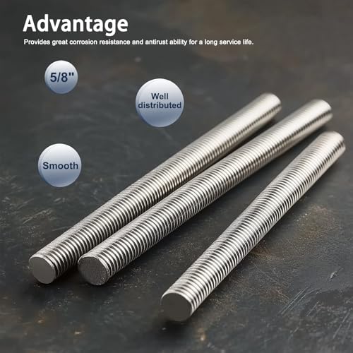 5/8"-18 Fully All Threaded Rod & Studs, 12" Length, 304 Stainless Steel Right Hand Fine Thread Screw for Furniture Anchor Bolts, Clamps, Hangers and U-Bolts 2 Pack 5/8"-18 x 12"