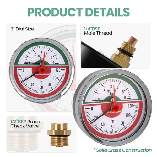 Thermal Pressure Gauge, 80 mm Dial, 0-6 Bar/120°C, Black Steel Case, G1/2 Rear Connection