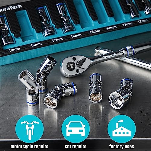 DURATECH 3/8" Drive Universal Joint Socket Set, 10-Piece, Metric, 10mm-19mm
